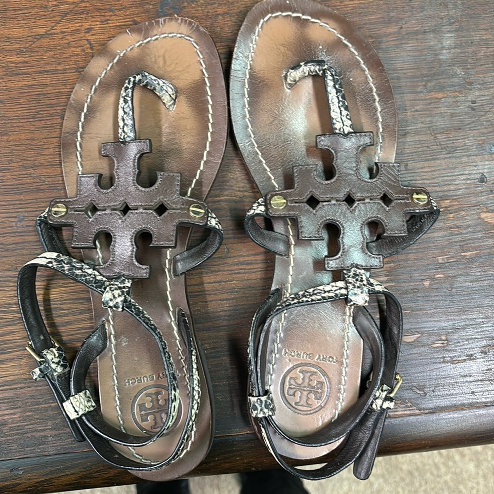 Tory Burch cybelle sandal ankle strap brown cognac/snakeskin size 6 EUC